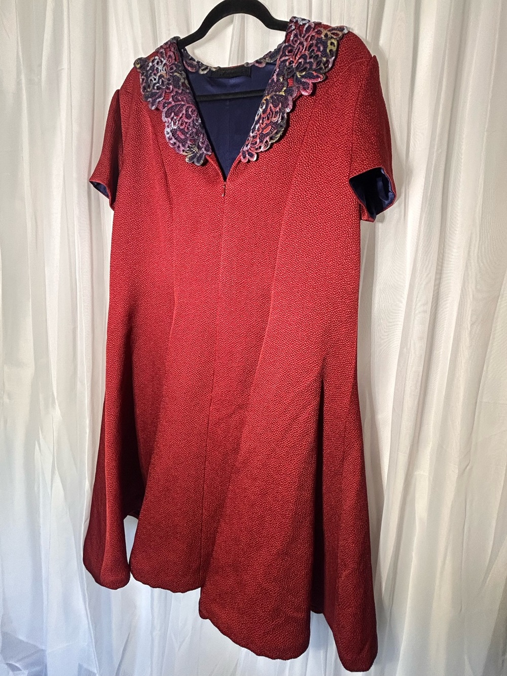 Peggy Jennings - Red & Purple Dress with Embroidered Multicolor Collar